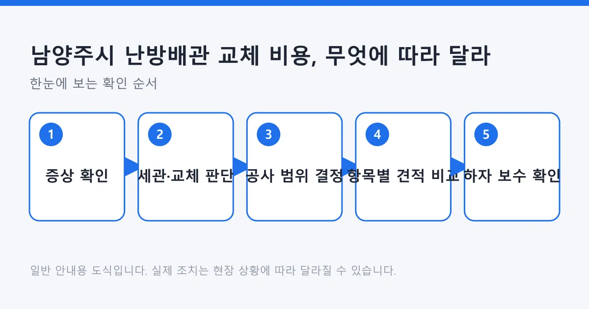 난방 증상을 확인하고 세관과 교체 중 방향을 정한 뒤, 공사 범위를 결정하고 항목별 견적과 하자 보수 기간을 확인하는 다섯 단계 흐름도