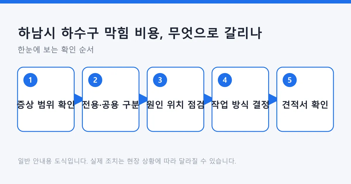 하수구 막힘 비용을 판단하는 다섯 단계를 순서대로 보여 주는 도식.