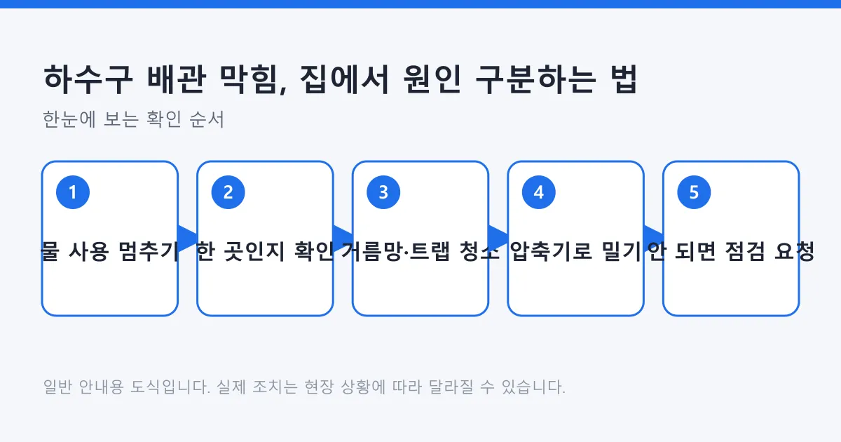 하수구 배관이 막혔을 때 물 사용 중단부터 거름망과 트랩 청소, 압축기 사용, 점검 요청까지의 순서를 보여 주는 도식.