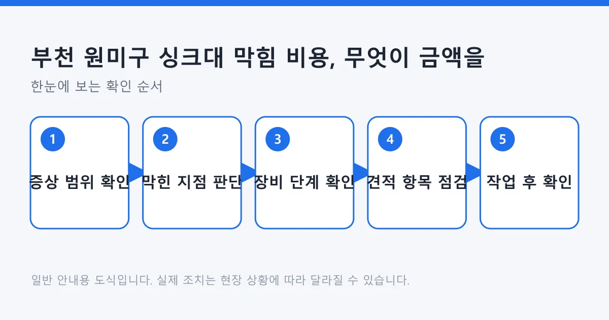 싱크대 막힘 비용을 판단하는 순서를 증상 범위 확인부터 작업 후 확인까지 다섯 단계로 정리한 도식