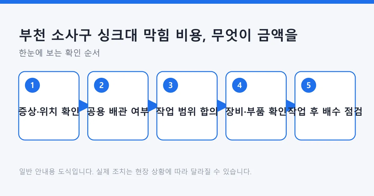 싱크대 막힘 비용을 판단하는 순서를 증상 확인부터 작업 후 배수 점검까지 다섯 단계로 정리한 도식