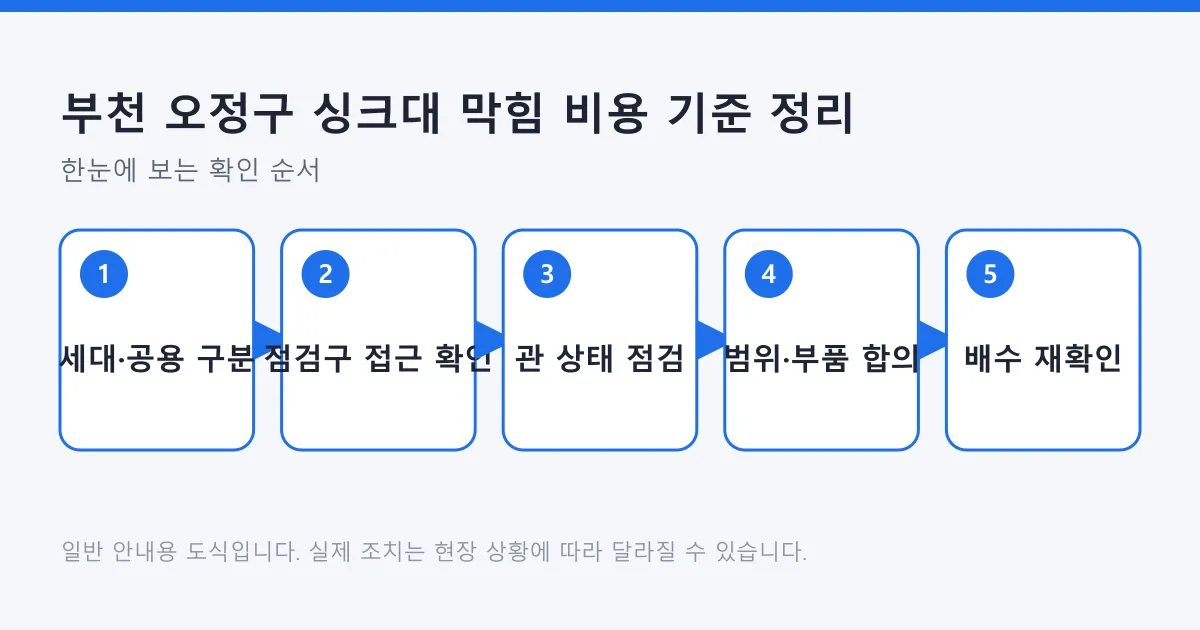 싱크대 막힘 비용을 판단하는 과정을 세대와 공용 구분에서 배수 재확인까지 다섯 단계로 나타낸 도식