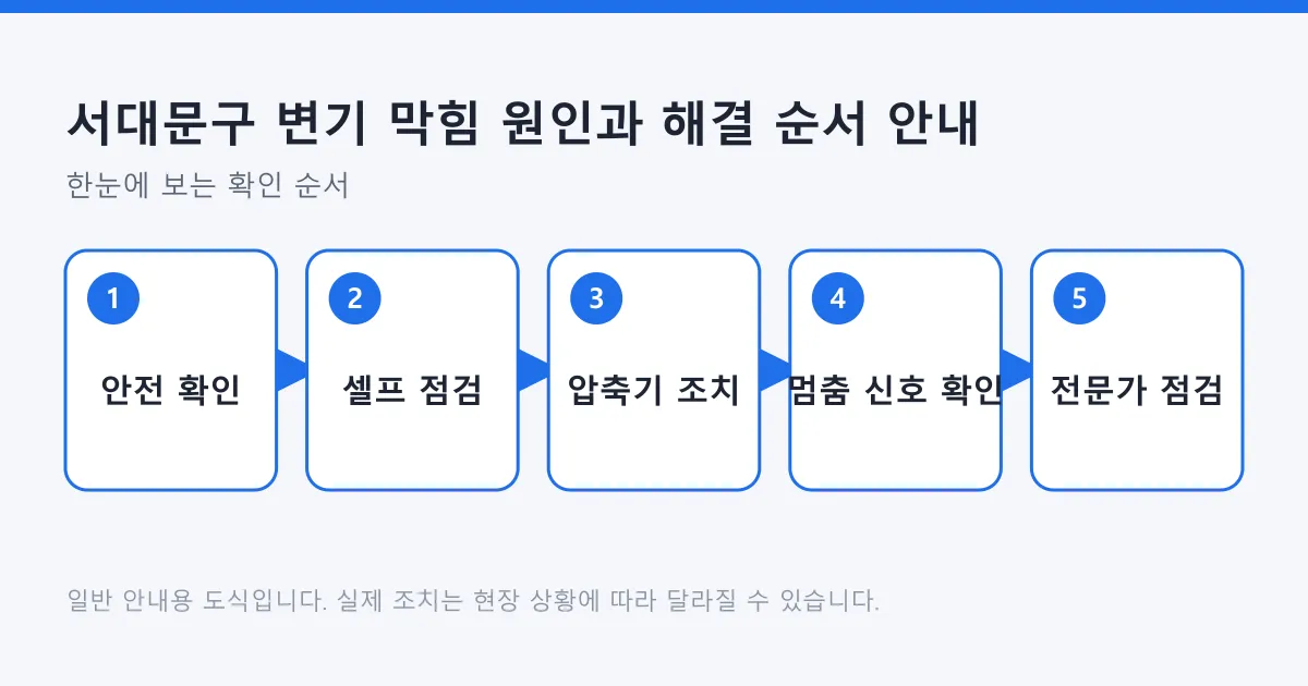 변기 막힘 시 안전 확인, 셀프 점검, 압축기 조치, 멈춤 신호 확인, 전문가 점검으로 이어지는 5단계 해결 순서 도식