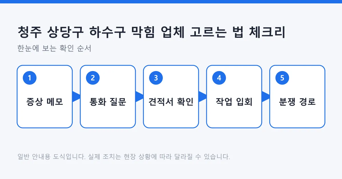 하수구 막힘 업체에 연락하기 전 증상 메모부터 분쟁 확인 경로까지 다섯 단계를 정리한 도식
