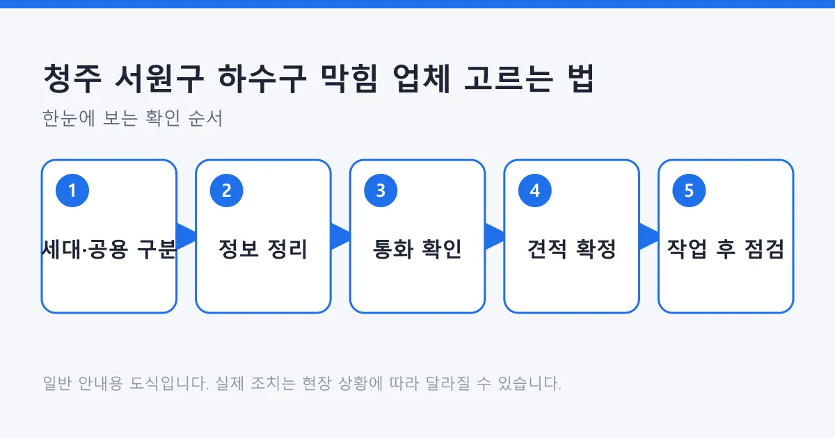 하수구 막힘 원인이 세대인지 공용관인지 구분하는 단계부터 작업 후 점검까지를 정리한 도식