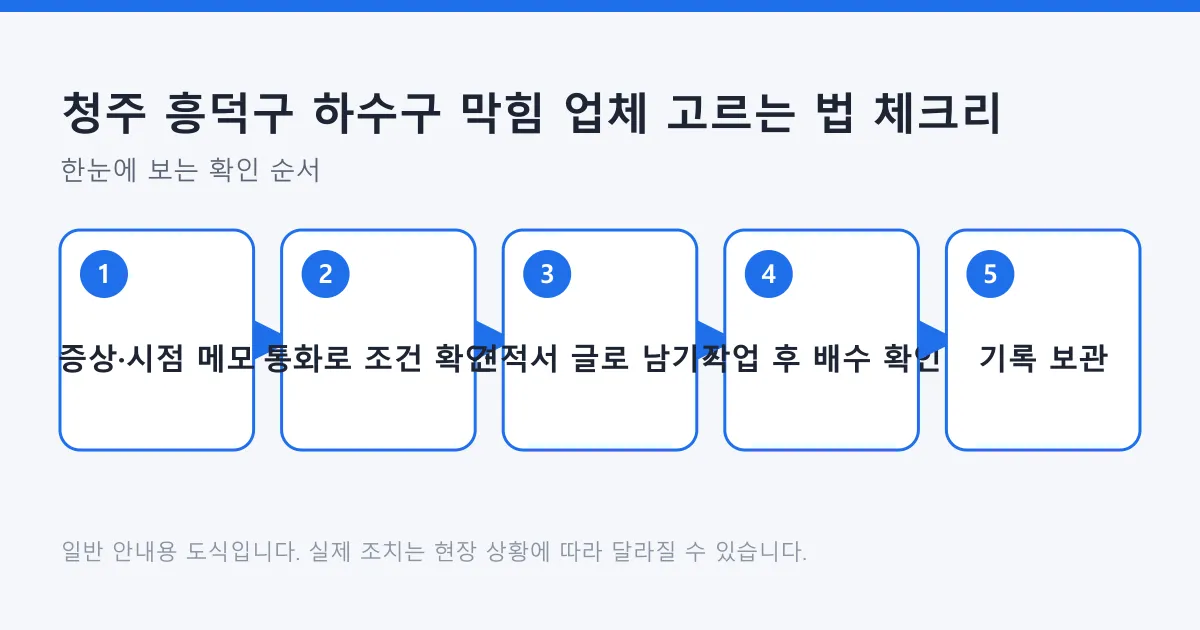 하수구 막힘 업체를 고를 때 메모, 통화 확인, 견적서 확인, 작업 후 점검, 기록 보관으로 이어지는 다섯 단계 도식