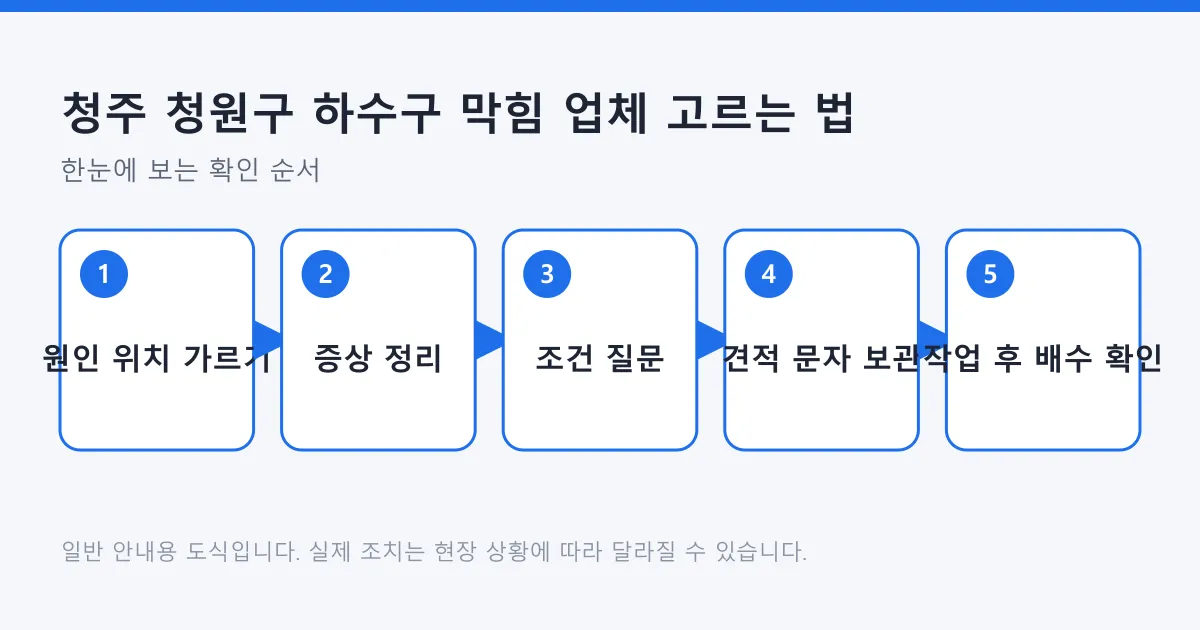 하수구 막힘 원인 위치 구분부터 증상 정리, 조건 질문, 견적 보관, 작업 후 확인까지 이어지는 다섯 단계 도식