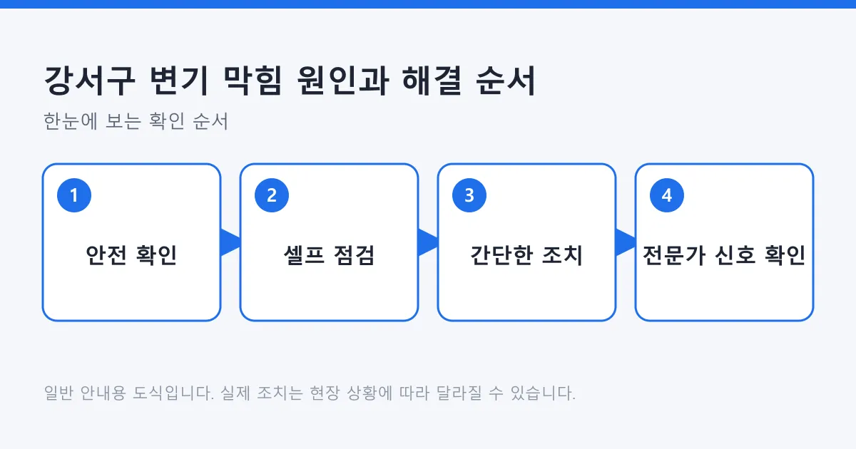 변기 막힘 시 안전 확인, 셀프 점검, 간단한 조치, 전문가 호출 신호 확인 순서로 대응하는 4단계 도식
