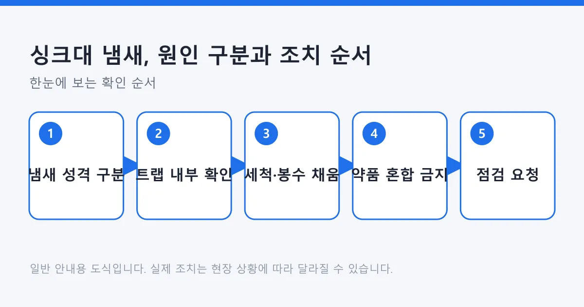 싱크대 냄새의 성격을 구분한 뒤 트랩 확인과 세척을 거쳐 전문 점검으로 넘어가는 다섯 단계 순서를 보여 주는 도식.