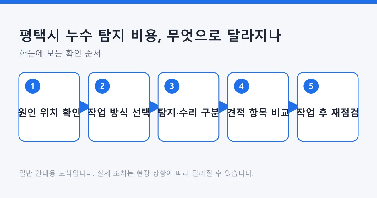 누수 탐지 비용이 원인 위치, 작업 방식, 견적 항목 비교, 작업 후 재점검 순서로 결정되는 흐름을 정리한 도식