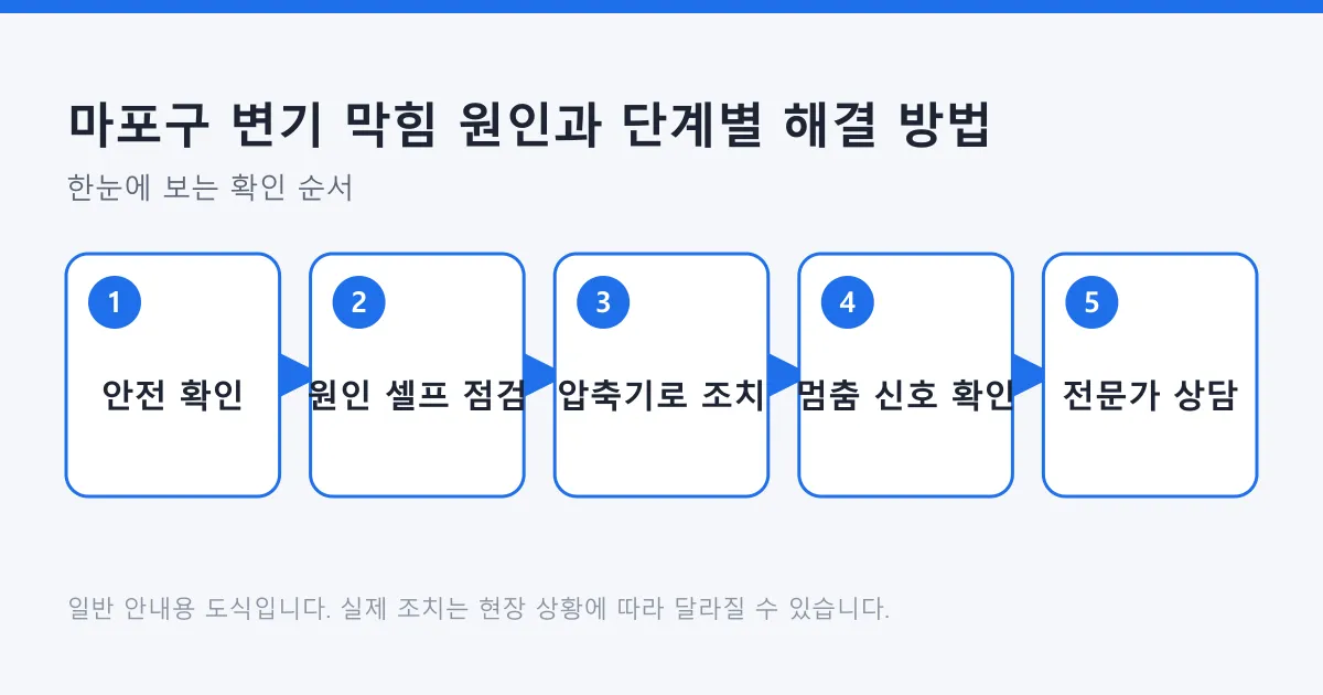 변기 막힘 시 안전 확인, 원인 셀프 점검, 압축기 조치, 멈춤 신호 확인, 전문가 상담으로 이어지는 5단계 해결 순서도