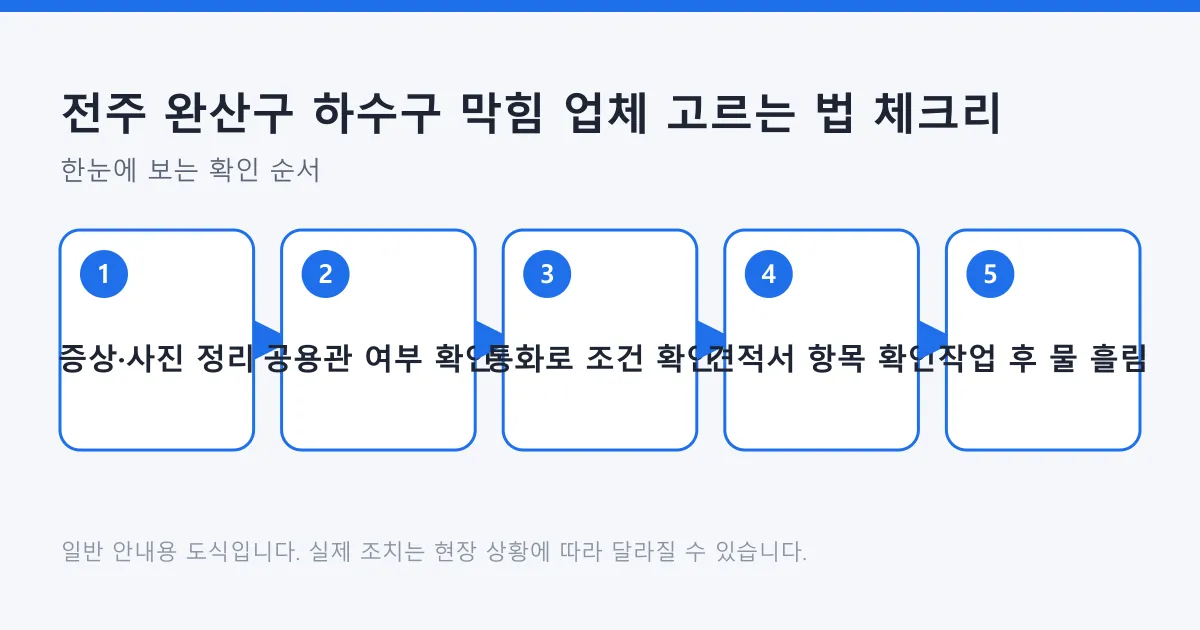 하수구 막힘 업체를 부르기 전 증상 정리부터 작업 후 확인까지 다섯 단계를 순서대로 나타낸 도식