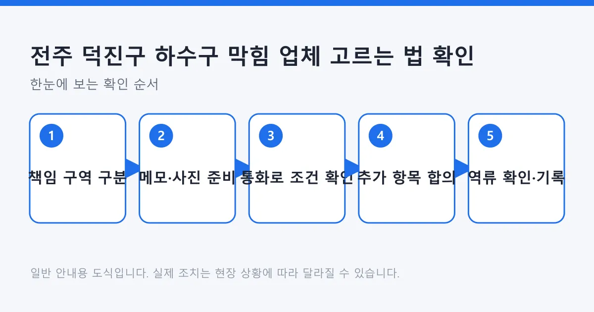 하수구 막힘 업체 선택 과정을 배관 책임 구분부터 작업 후 기록까지 다섯 단계로 정리한 도식