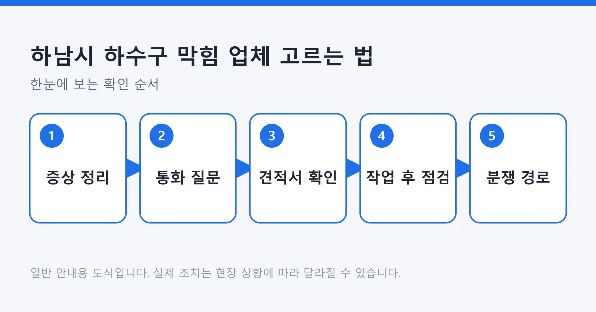 하수구 막힘 업체 선택을 증상 정리부터 분쟁 경로 확인까지 다섯 단계로 정리한 도식