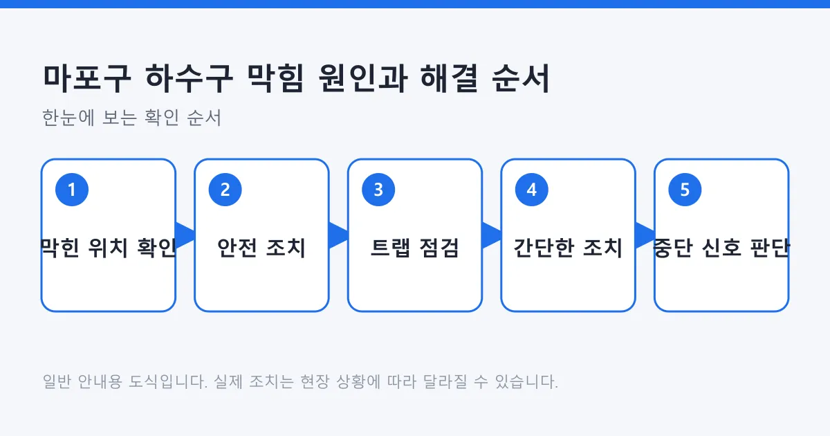 하수구 막힘 대응을 막힌 위치 확인부터 중단 신호 판단까지 다섯 단계로 정리한 도식