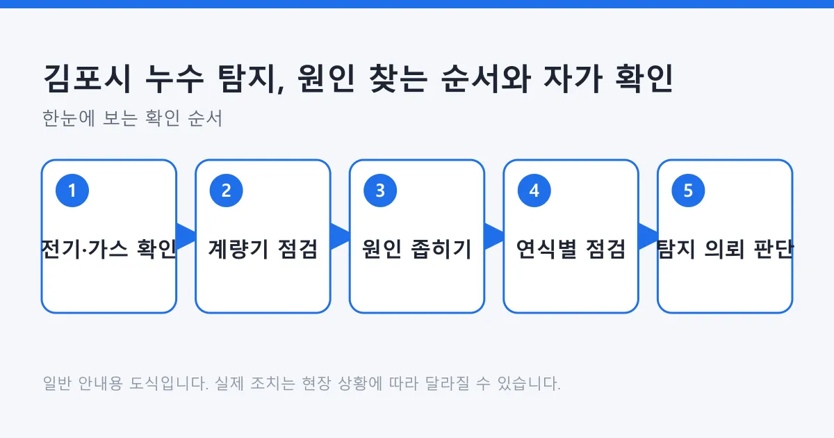 전기와 가스 확인에서 시작해 계량기 점검, 원인 좁히기, 연식별 점검을 거쳐 탐지 의뢰를 판단하는 누수 대응 순서 도식
