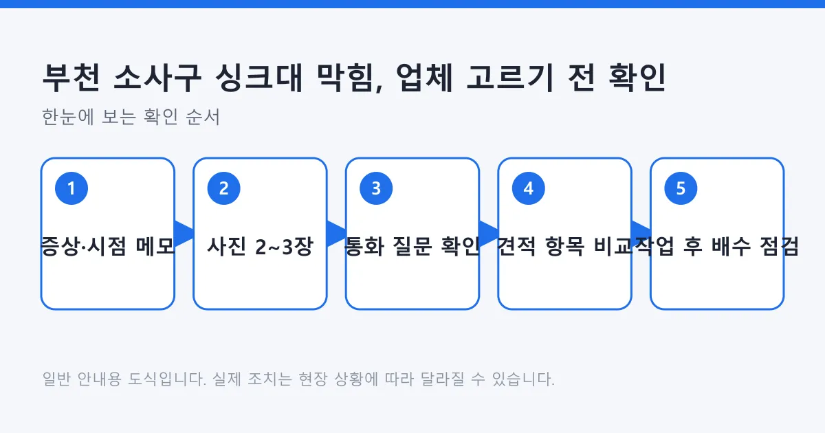 싱크대 막힘으로 업체에 연락하기 전 준비부터 작업 후 점검까지의 다섯 단계를 정리한 도식.