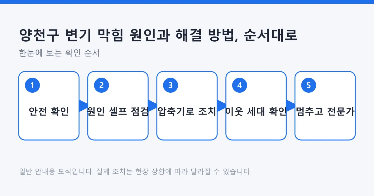 변기 막힘 시 안전 확인, 원인 점검, 압축기 조치, 이웃 세대 확인을 거쳐 해결되지 않으면 전문가를 부르는 순서를 나타낸 도식