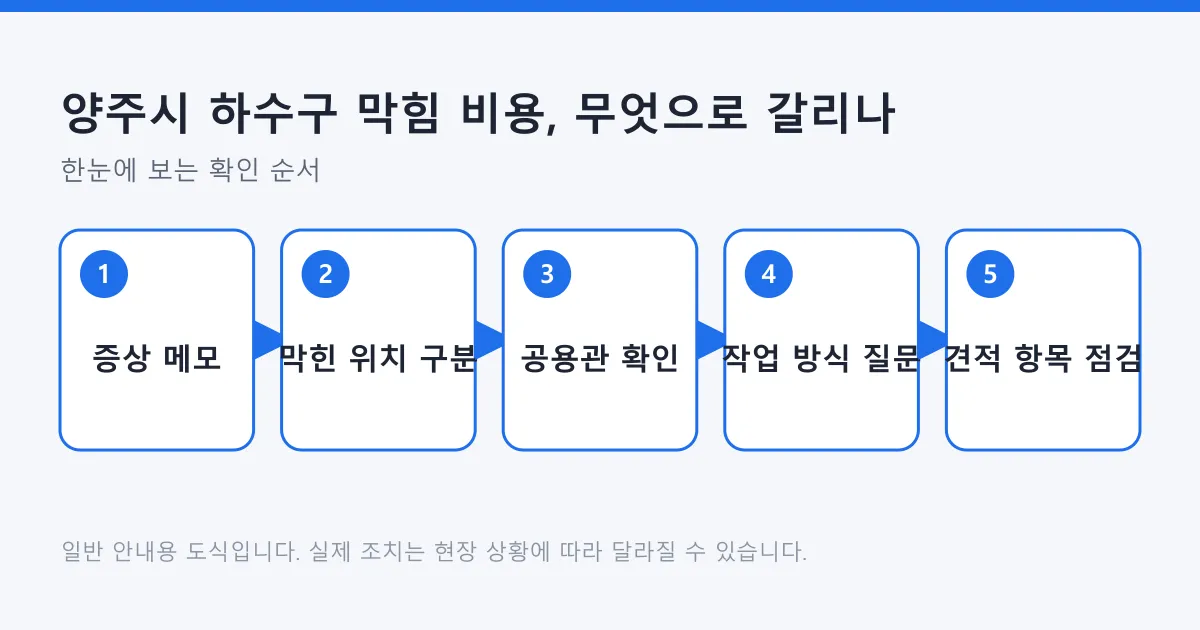 하수구 막힘 증상 정리부터 막힌 위치 구분과 공용관 확인, 작업 방식 질문, 견적 항목 점검까지의 순서를 보여주는 도식