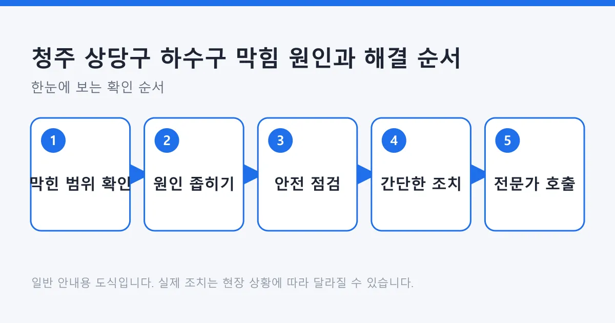 하수구 막힘을 막힌 범위 확인, 원인 좁히기, 안전 점검, 간단한 조치, 전문가 호출 순서로 정리한 도식