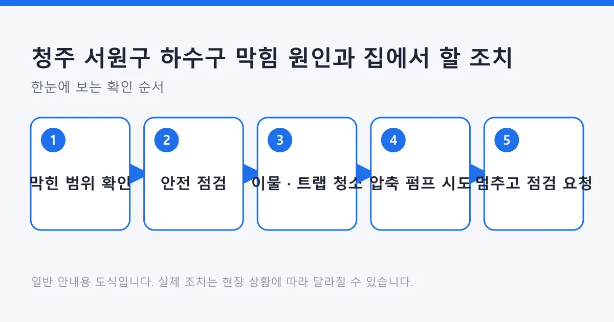 하수구 막힘을 막힌 범위 확인부터 안전 점검, 이물과 트랩 청소, 압축 펌프 시도, 점검 요청까지 다섯 단계로 정리한 도식