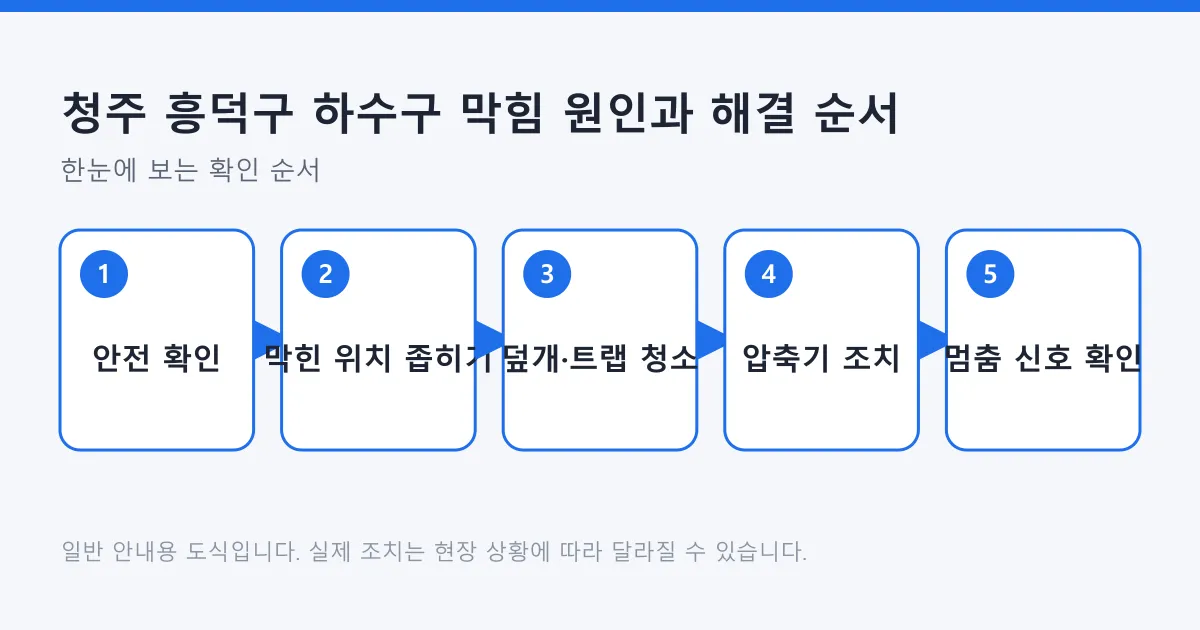하수구 막힘을 다룰 때 안전 확인부터 막힌 위치 좁히기, 덮개와 트랩 청소, 압축기 조치, 멈춤 신호 확인까지 이어지는 다섯 단계 도식.