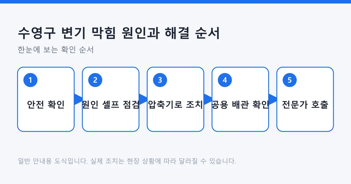 변기 막힘 시 안전 확인, 셀프 점검, 압축기 조치, 공용 배관 확인, 전문가 호출로 이어지는 5단계 순서도