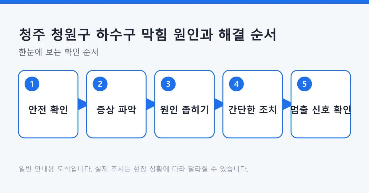 하수구 막힘 대응을 안전 확인에서 증상 파악, 원인 좁히기, 간단한 조치, 멈출 신호 확인까지 5단계로 보여 주는 도식.