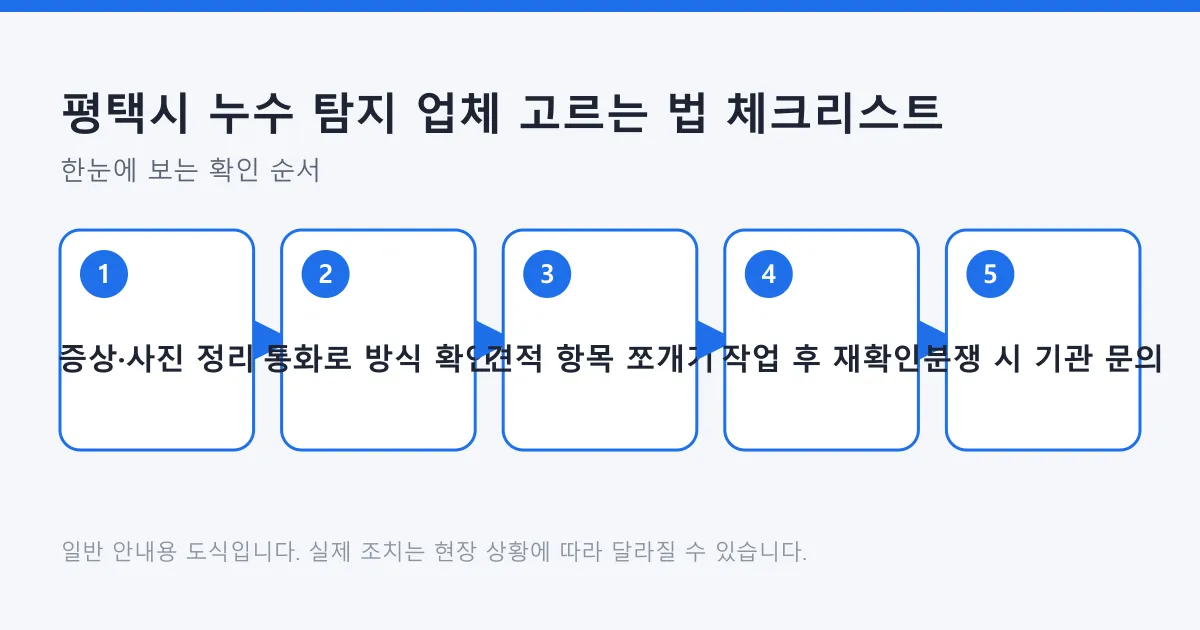 누수 탐지 업체에 연락하기 전 정보 정리부터 작업 후 재확인과 분쟁 상담까지의 다섯 단계를 보여주는 도식.