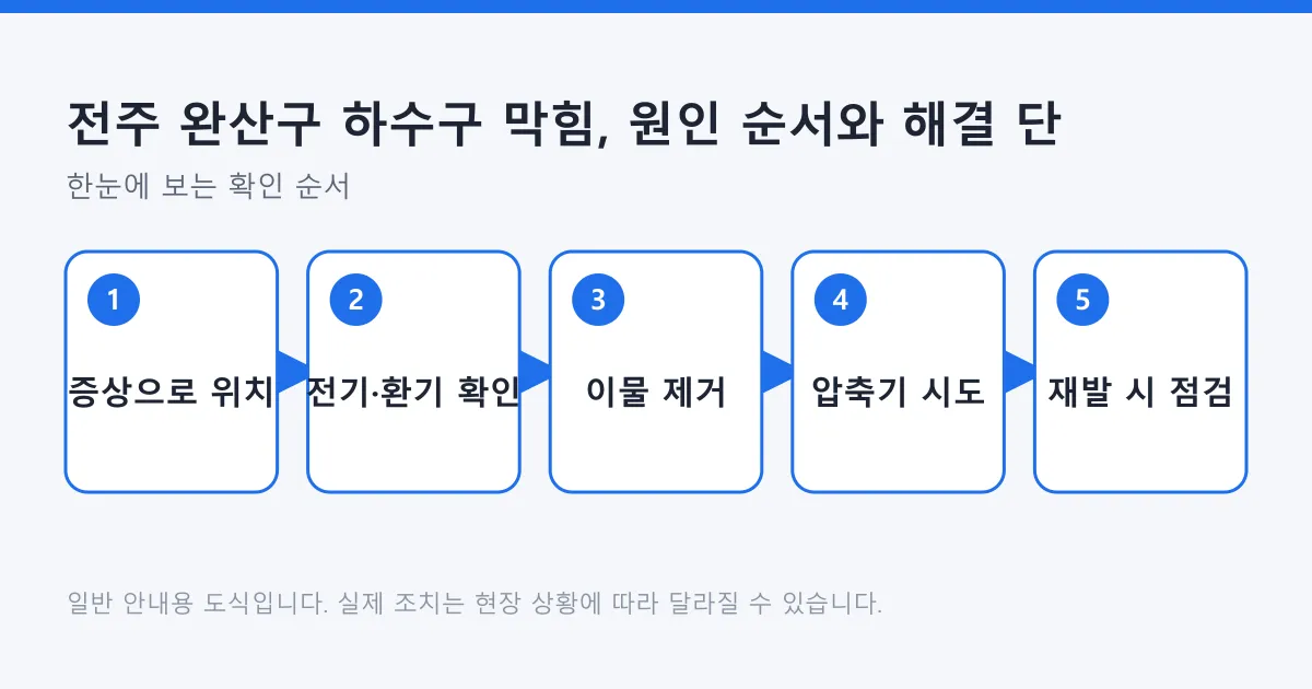 하수구 막힘을 증상으로 위치 확인, 안전 확인, 이물 제거, 압축기 시도, 재발 시 배관 점검 순서로 정리한 도식