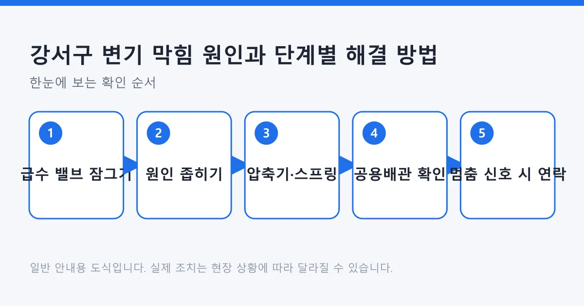 변기 막힘 시 급수 밸브를 잠그고, 원인을 좁힌 뒤, 압축기와 스프링으로 조치하고, 공용 배관 여부를 확인한 다음, 멈춤 신호가 보이면 전문가에게 연락하는 5단계 흐름도