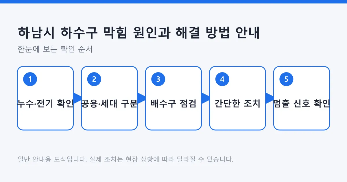 하수구 막힘을 안전 확인부터 공용과 세대 구분, 배수구 점검, 간단한 조치, 전문가 호출 신호 확인까지 다섯 단계로 정리한 도식.
