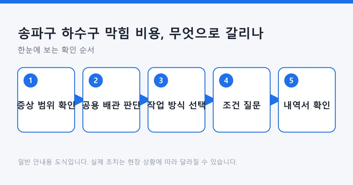 하수구 막힘 증상 범위 확인부터 공용 배관 판단, 작업 방식 선택, 견적 질문, 내역서 확인까지의 다섯 단계 흐름도