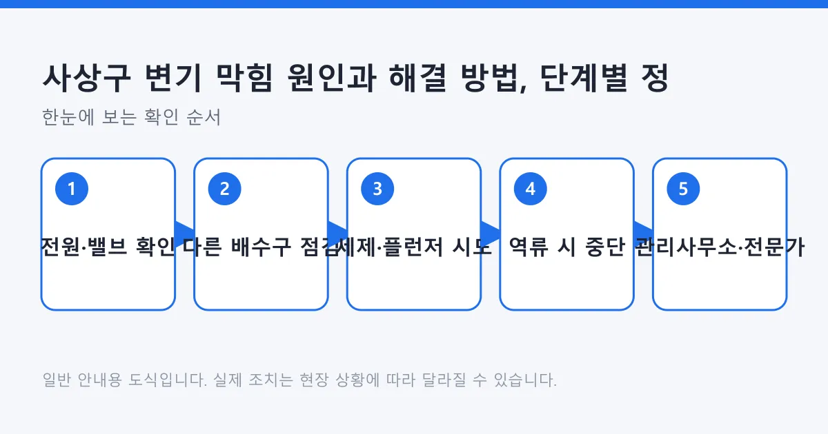 변기 막힘 시 안전 확인, 다른 배수구 점검, 세제와 플런저 시도, 역류 시 중단, 관리사무소나 전문가 연락 순서를 보여 주는 도식