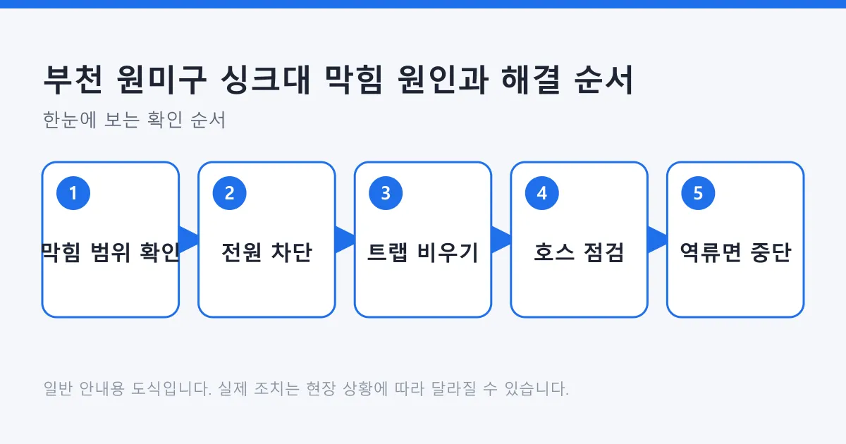 막힘 범위 확인부터 전원 차단, 트랩 비우기, 호스 점검, 역류 시 중단까지 싱크대 막힘 대처 순서를 보여주는 도식