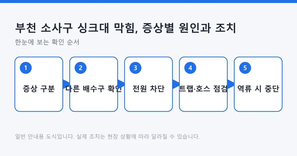 증상 구분부터 다른 배수구 확인, 전원 차단, 트랩과 호스 점검, 역류 시 중단까지 싱크대 막힘 판단 순서를 보여주는 도식