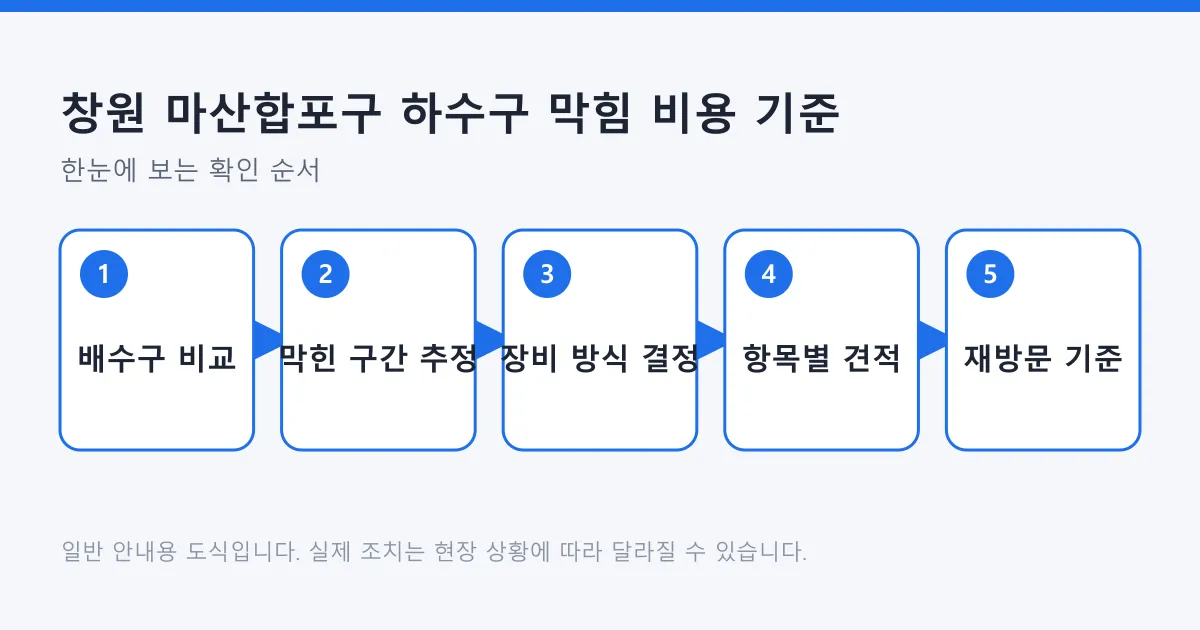 하수구 막힘 비용을 배수구 비교부터 막힌 구간 추정, 장비 결정, 항목별 견적, 재방문 기준 확인까지 단계로 보여 주는 도식