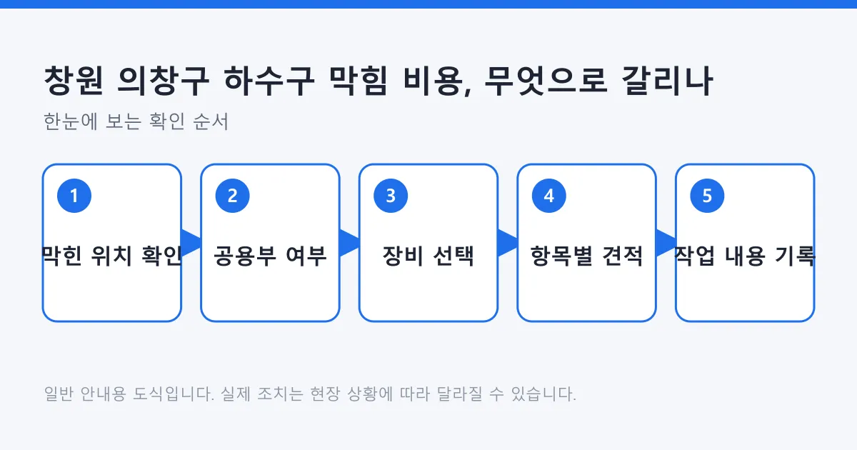 하수구 막힘 비용을 판단하는 순서를 막힌 위치 확인부터 작업 내용 기록까지 다섯 단계로 정리한 도식