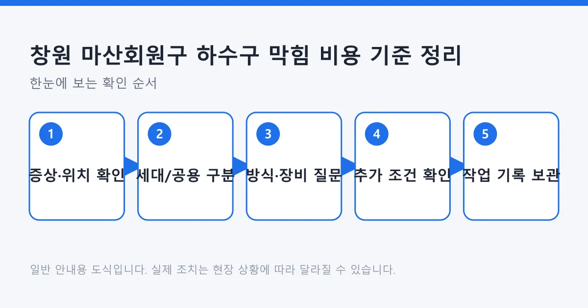 하수구 막힘 견적을 비교할 때 거치는 다섯 단계를 순서대로 보여 주는 도식.
