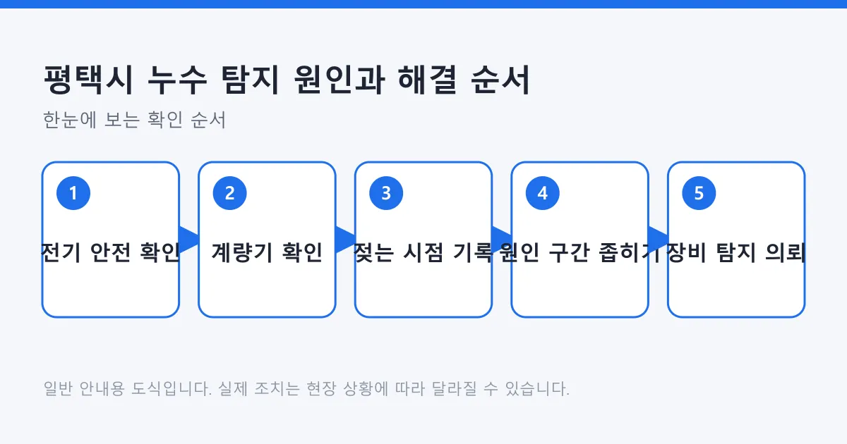 누수 의심 시 안전 확인부터 탐지 의뢰까지 다섯 단계를 정리한 도식