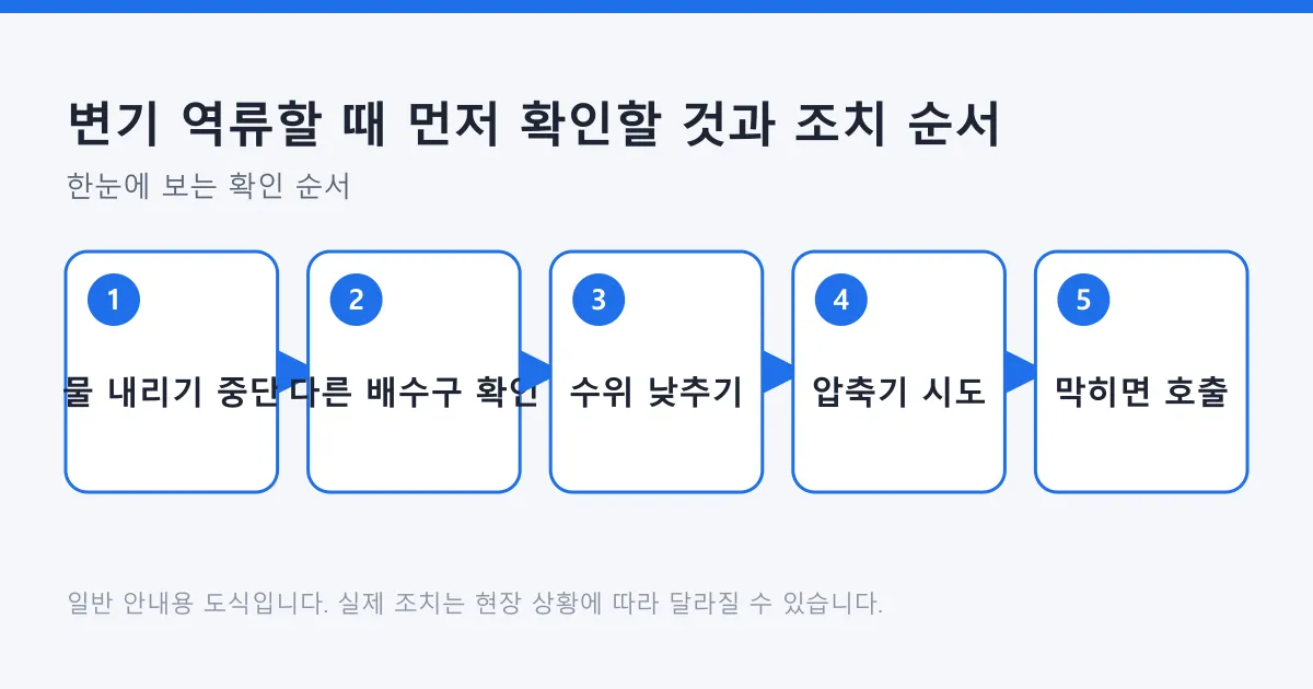 변기 역류 시 물 내리기 중단부터 전문가 호출까지 다섯 단계를 정리한 도식