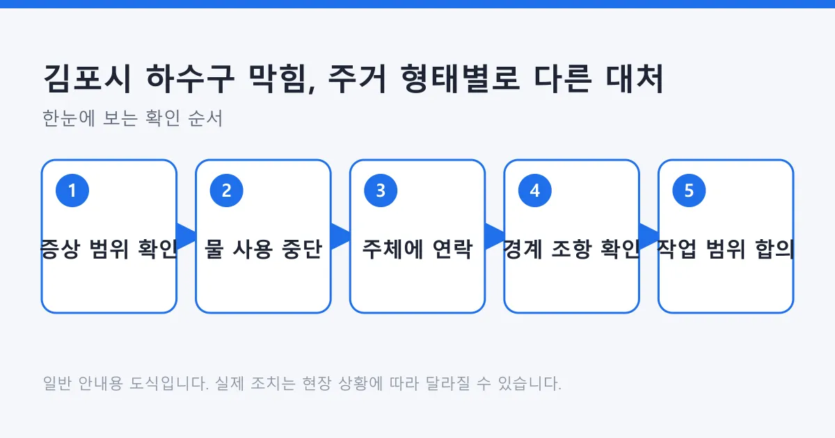하수구 막힘 증상 범위를 확인하고 주거 형태별 연락 주체를 거쳐 작업 범위를 합의하는 다섯 단계 흐름도
