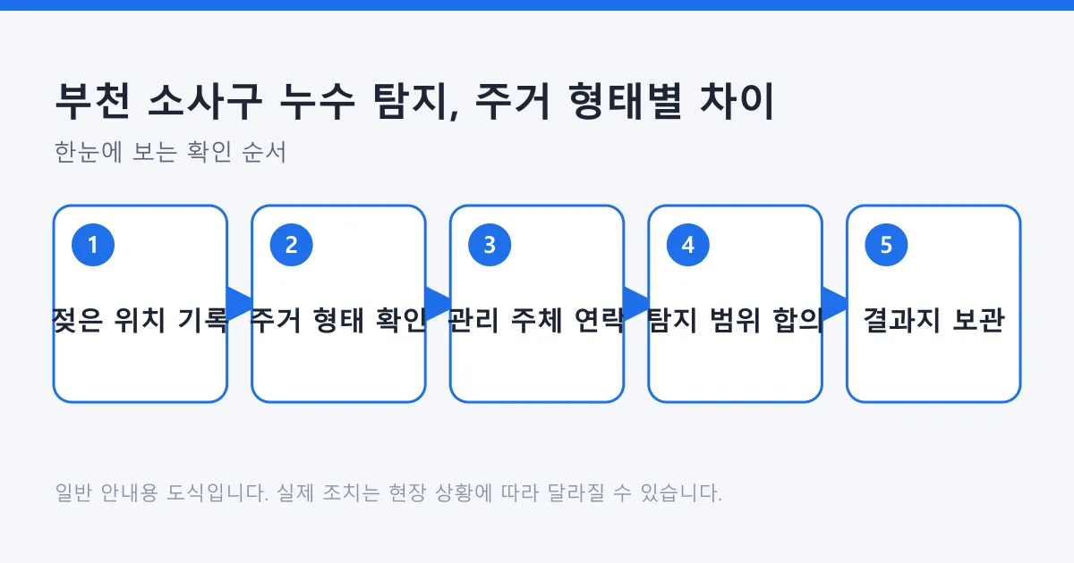 젖은 위치 기록부터 탐지 결과지 보관까지 누수 처리 순서를 다섯 단계로 보여 주는 도식.