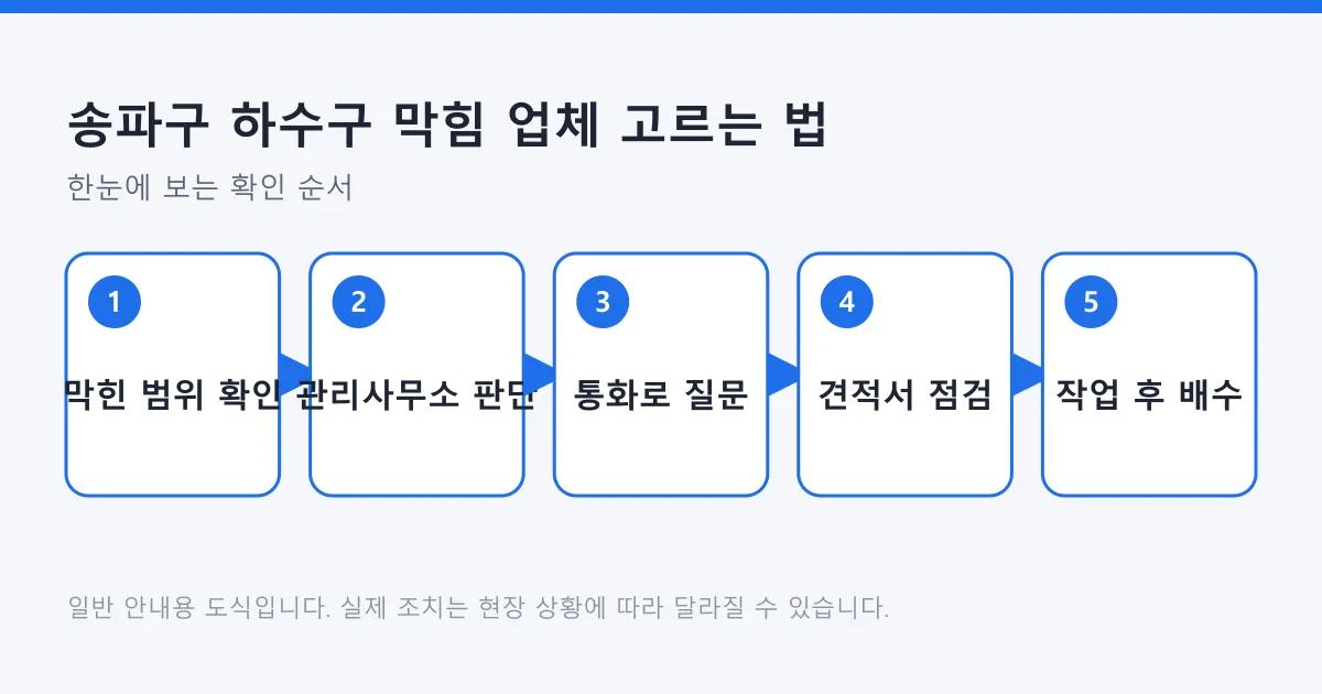 하수구 막힘 범위를 가른 뒤 관리사무소 판단, 통화 질문, 견적서 점검, 작업 후 배수 확인으로 이어지는 5단계 흐름도