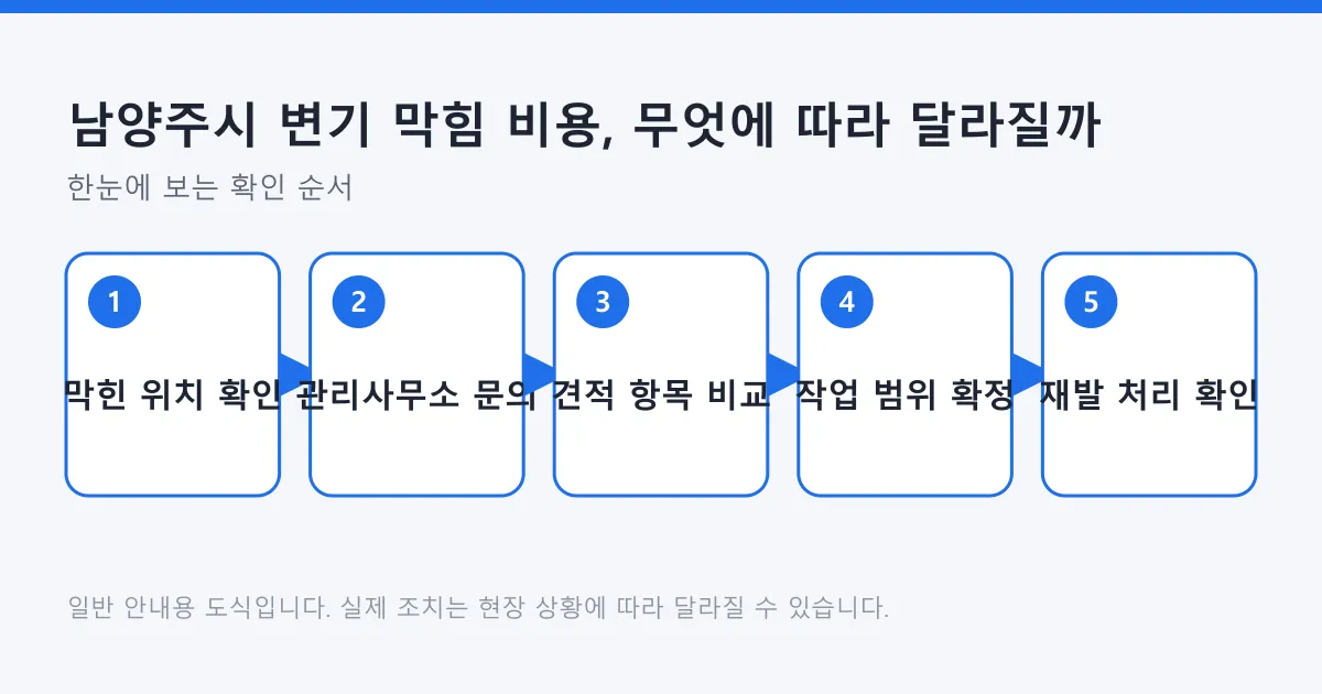 변기 막힘 비용을 정하기 전 막힌 위치 확인부터 재발 처리 확인까지의 순서를 나타낸 도식