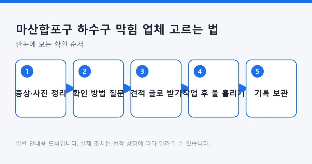 하수구 막힘 업체를 고르는 과정을 증상 정리부터 기록 보관까지 다섯 단계로 보여 주는 도식