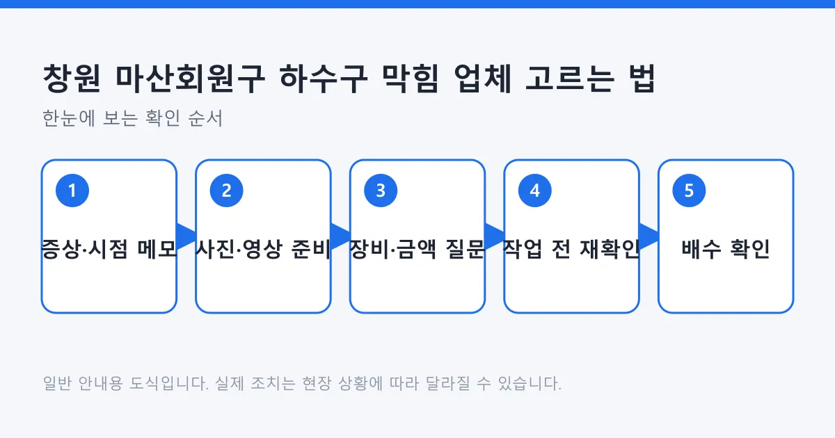 하수구 막힘 업체를 부르기 전 증상을 정리하고 사진을 준비해 장비와 금액을 확인한 뒤 작업 후 배수를 점검하는 순서를 보여 주는 도식