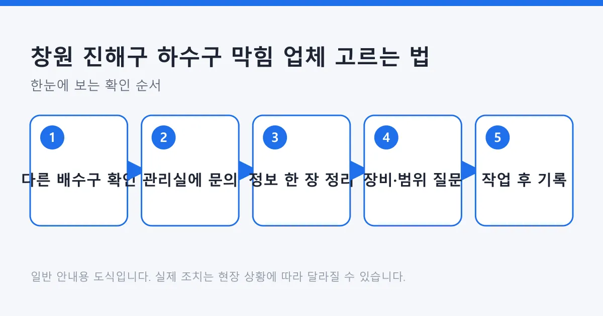 하수구 막힘 원인을 세대 안쪽과 공용 구간으로 나눠 확인한 뒤 업체에 정보를 전달하고 작업 내역을 기록하는 순서를 보여 주는 도식