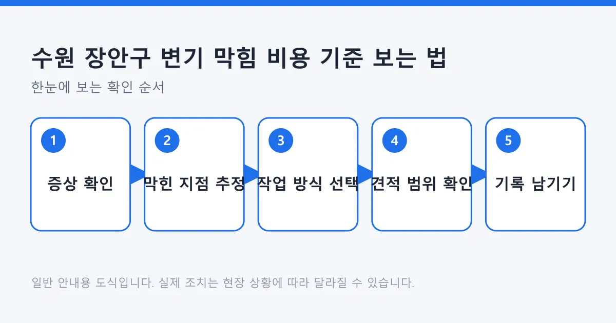 변기 막힘 증상 확인부터 작업 기록 보관까지 비용 판단 순서를 나타낸 도식