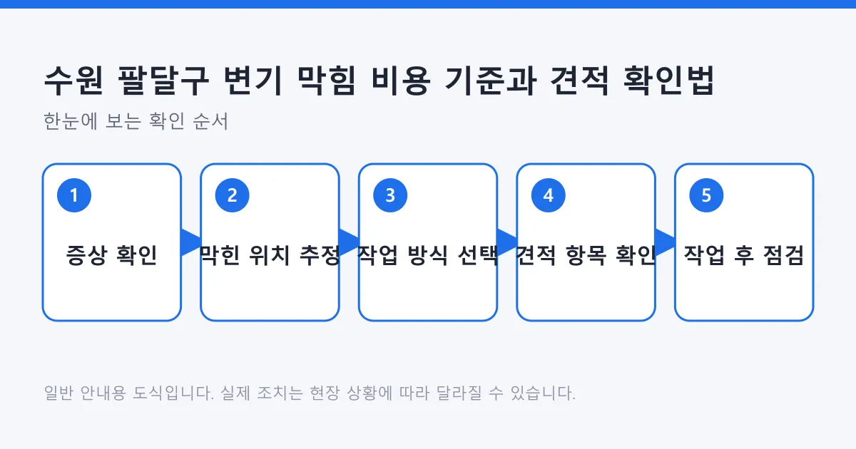 변기 막힘 비용을 증상 확인에서 막힌 위치 추정, 작업 방식 선택, 견적 항목 확인, 작업 후 점검까지 다섯 단계로 정리한 도식